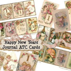 FELIZ ANO NOVO Adoráveis Querubins Vintage e Champanhe Junk Journal Scrapbook atc Cartões de download instantâneo digital para impressão