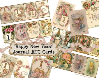 HAPPY NEW YEAR Adorable Vintage Cherubs & Champagne Junk Journal Scrapbook atc Printable Digital Instant Download Cards