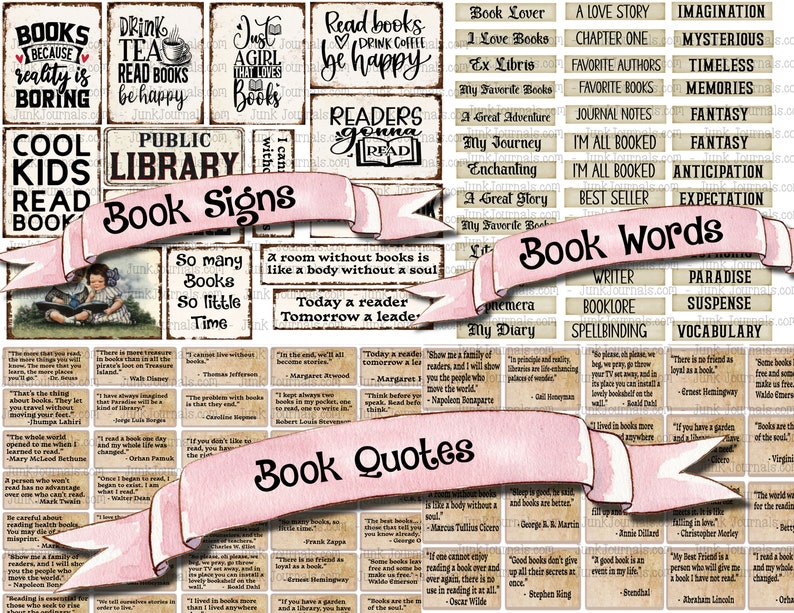 BOOK LOVERS JOURNAL Printable Digital Kit 61 Pages Ephemera Pockets Tags Labels Words Quotes Huge Library Vintage Scrapbook Bundle image 8