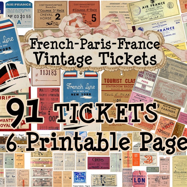 91 FRENCH TICKETS Vintage Paris France Ephemera Junk Journal Scrapbook Printable digital Bundle Lottery Airlines Events Transportation