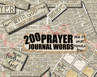 200 PRAYER JOURNAL FAITH Bible Words & Phrases vintage tag étiquettes Dieu Jésus Christian Inspiration imprimable embellissements numériques éphémères