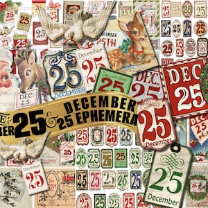 25 DECEMBER NUMMERS Vintage kortstondige bundel kerstambachten plakboek ongewenste dagboekwenskaart, tags, labels afdrukbare jpg- en png-afbeeldingen