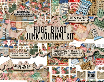 Enorme vintage BINGO JUNK JOURNAL Kit Páginas Bolsillos Sobres Tarjetas de felicitación Etiquetas Marcadores Círculos Joyería Rectángulos Imprimibles & Imágenes Png