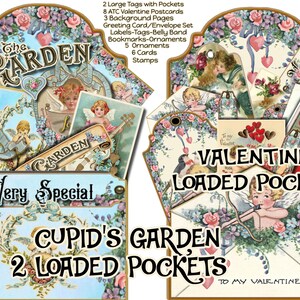 May include: A digital download of Valentine's Day themed printable scrapbook paper, tags, cards, and other embellishments. The design features a vintage style with angels, hearts, and flowers in shades of pink, blue, and green. The text "The Garden" and "Very Special" are included in the design.