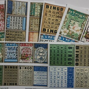 K&ouml;nnte beinhalten: Ein Set Vintage-Bingo-Karten mit verschiedenen Designs. Die Karten sind auf strukturiertem Papier mit einem Used-Look gedruckt. Die Karten zeigen eine Vielzahl von Farben, darunter Gr&uuml;n, Blau, Rot und Gelb. Die Karten sind von 1 bis 75 nummeriert. Die Karten sind perfekt f&uuml;r einen Spieleabend oder eine Party.