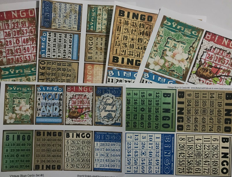 K&ouml;nnte beinhalten: Ein Set Vintage-Bingo-Karten mit verschiedenen Designs. Die Karten sind auf strukturiertem Papier mit einem Used-Look gedruckt. Die Karten zeigen eine Vielzahl von Farben, darunter Gr&uuml;n, Blau, Rot und Gelb. Die Karten sind von 1 bis 75 nummeriert. Die Karten sind perfekt f&uuml;r einen Spieleabend oder eine Party.