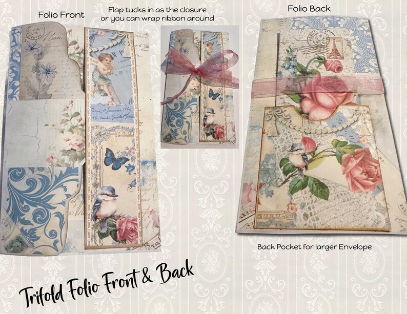 EASY TRIFOLD FOLIO Junk Journal Insert Vintage Blue Digital Kit Loaded ...