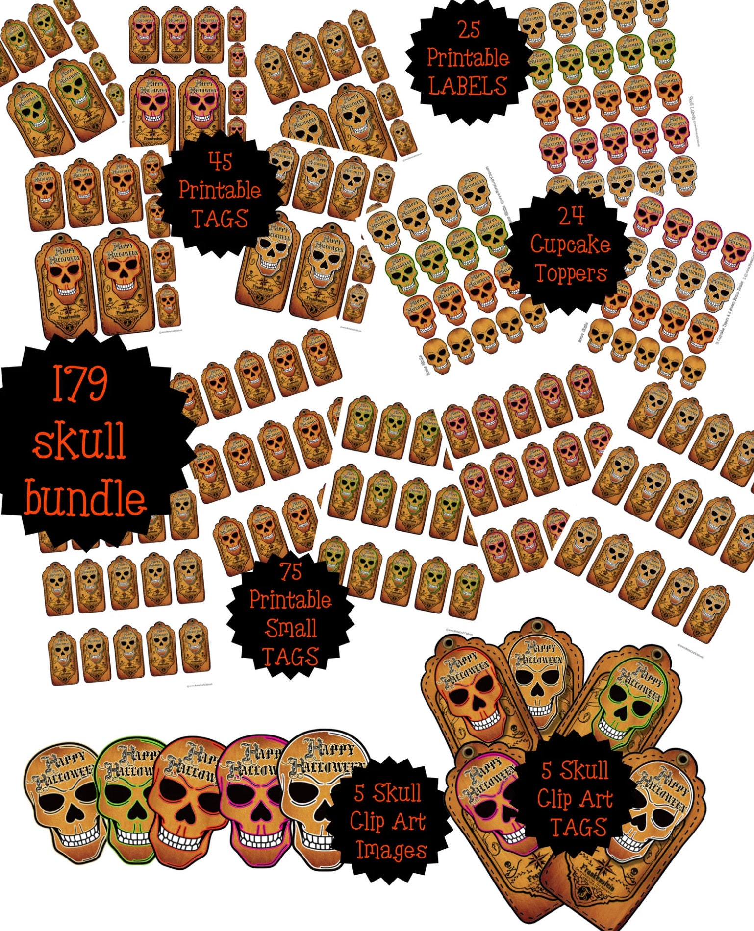 179 HALLOWEEN SKULLS PRINTABLE &amp; Clip Art Images Leather Look Tags ...
