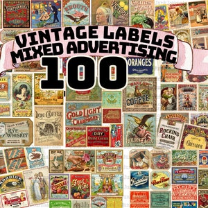 100 VINTAGE RECLAMELABELS Gemengde ephemera prachtige afdrukbare collectie, collagevellen, ongewenste dagboek, plakboeken, ambachtelijke projecten,
