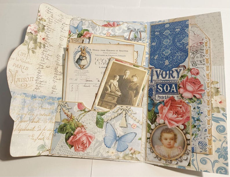 EASY TRIFOLD FOLIO Junk Journal Insert Vintage Blue Digital Kit Loaded ...