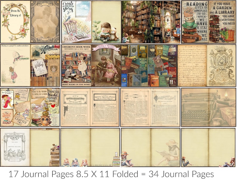 BOOK LOVERS JOURNAL Printable Digital Kit 61 Pages Ephemera Pockets Tags Labels Words Quotes Huge Library Vintage Scrapbook Bundle image 3