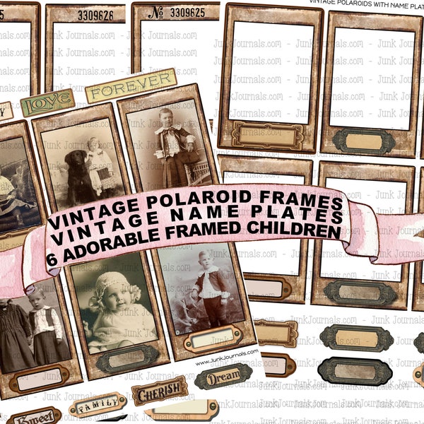 VINTAGE POLAROID FRAMES & Photos Collage Name Plates Stamped Numbers Junk Journal Scrapbook Ephemera Printable Download six adorable kids