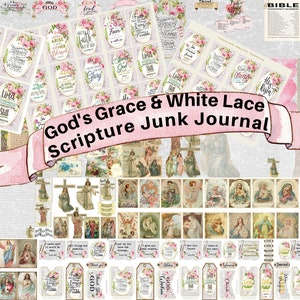 DIEUX GRACE JOURNAL Blanc Dentelle Ecriture Bible Versets Jésus Anges vintage Ephemera Poches Tags Étiquettes Pages Imprimable Junk Journal Kit