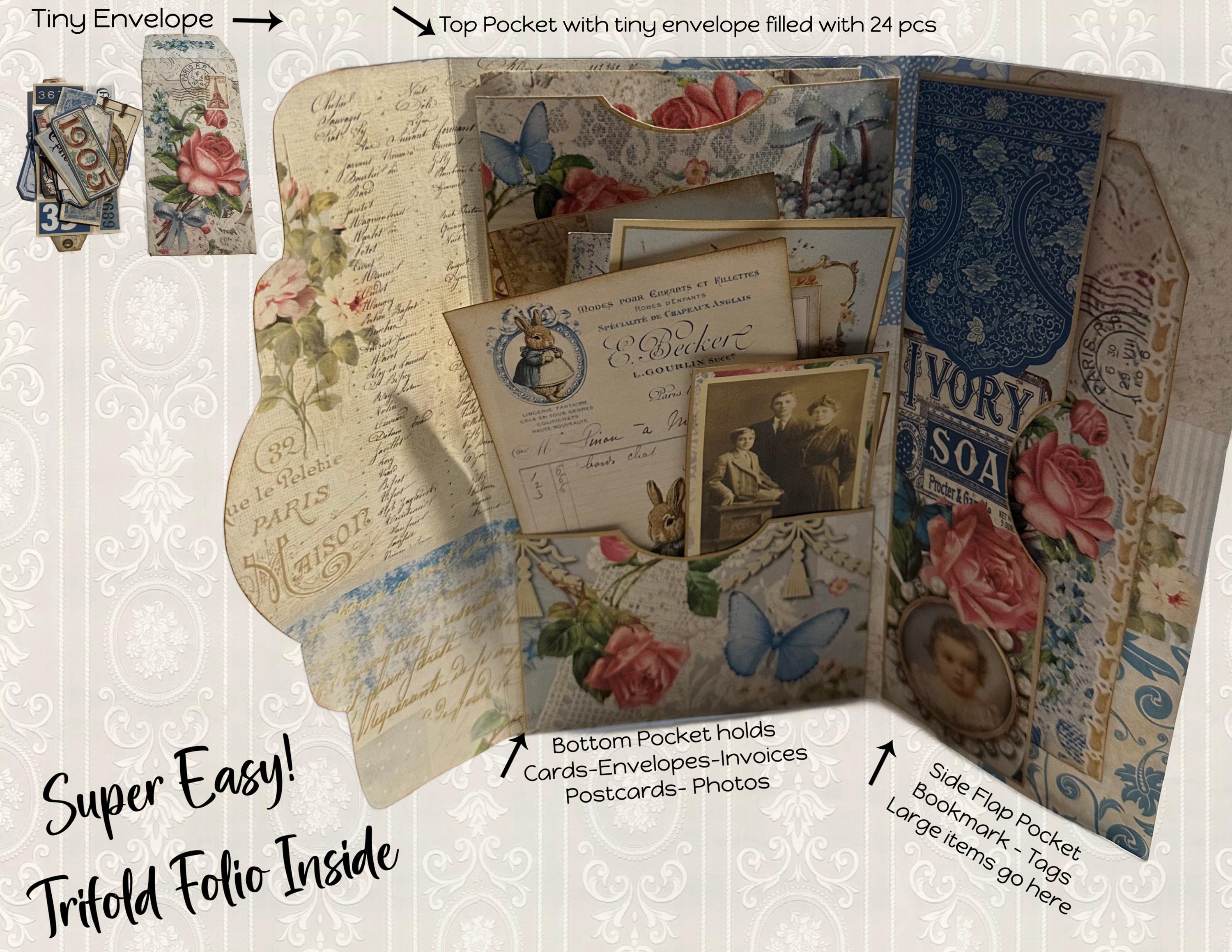 EASY TRIFOLD FOLIO Junk Journal Insert Vintage Blue Digital Kit Loaded ...