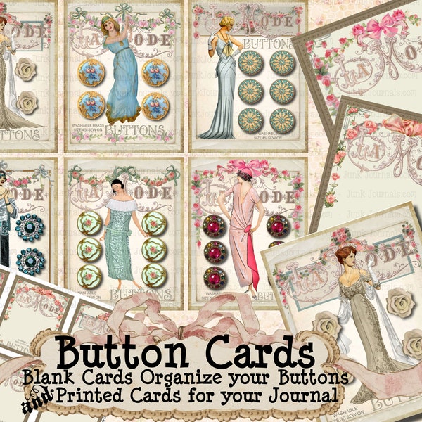 PRINTABLE BUTTON CARDS Both Blanks To Organize and Beautiful Art Deco Vintage Fashion Button Junk Journal Cards Digital Collage Sheet