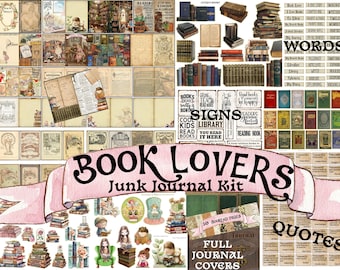 Kit numérique imprimable pour les amoureux des livres, 61 pages, pochettes éphémères, étiquettes, mots, citations, grande bibliothèque, album de scrapbooking vintage