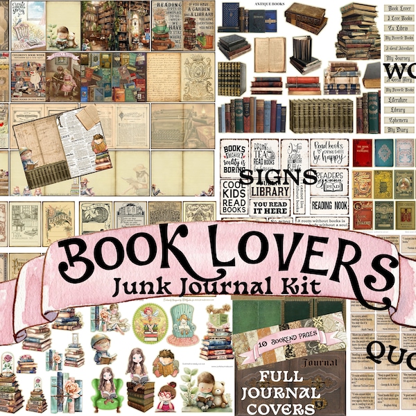 BOOK LOVERS JOURNAL Printable Digital Kit 61 Pages Ephemera Pockets Tags Labels Words Quotes Huge Library Vintage Scrapbook Bundle