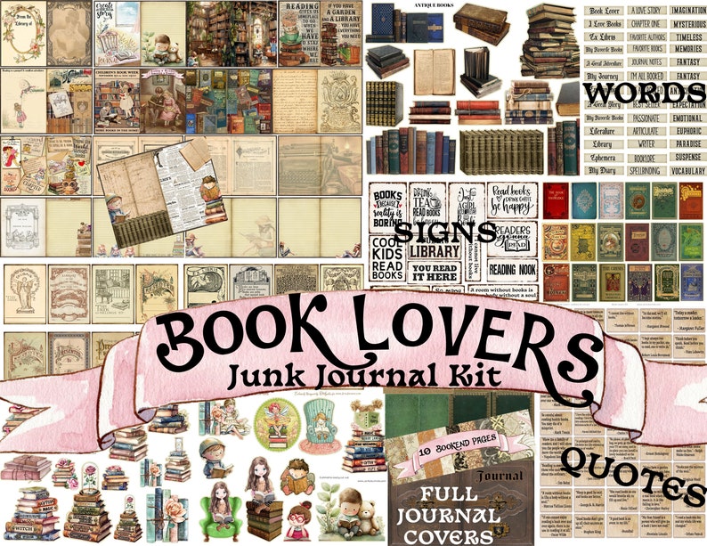 BOOK LOVERS JOURNAL Printable Digital Kit 61 Pages Ephemera Pockets Tags Labels Words Quotes Huge Library Vintage Scrapbook Bundle image 1