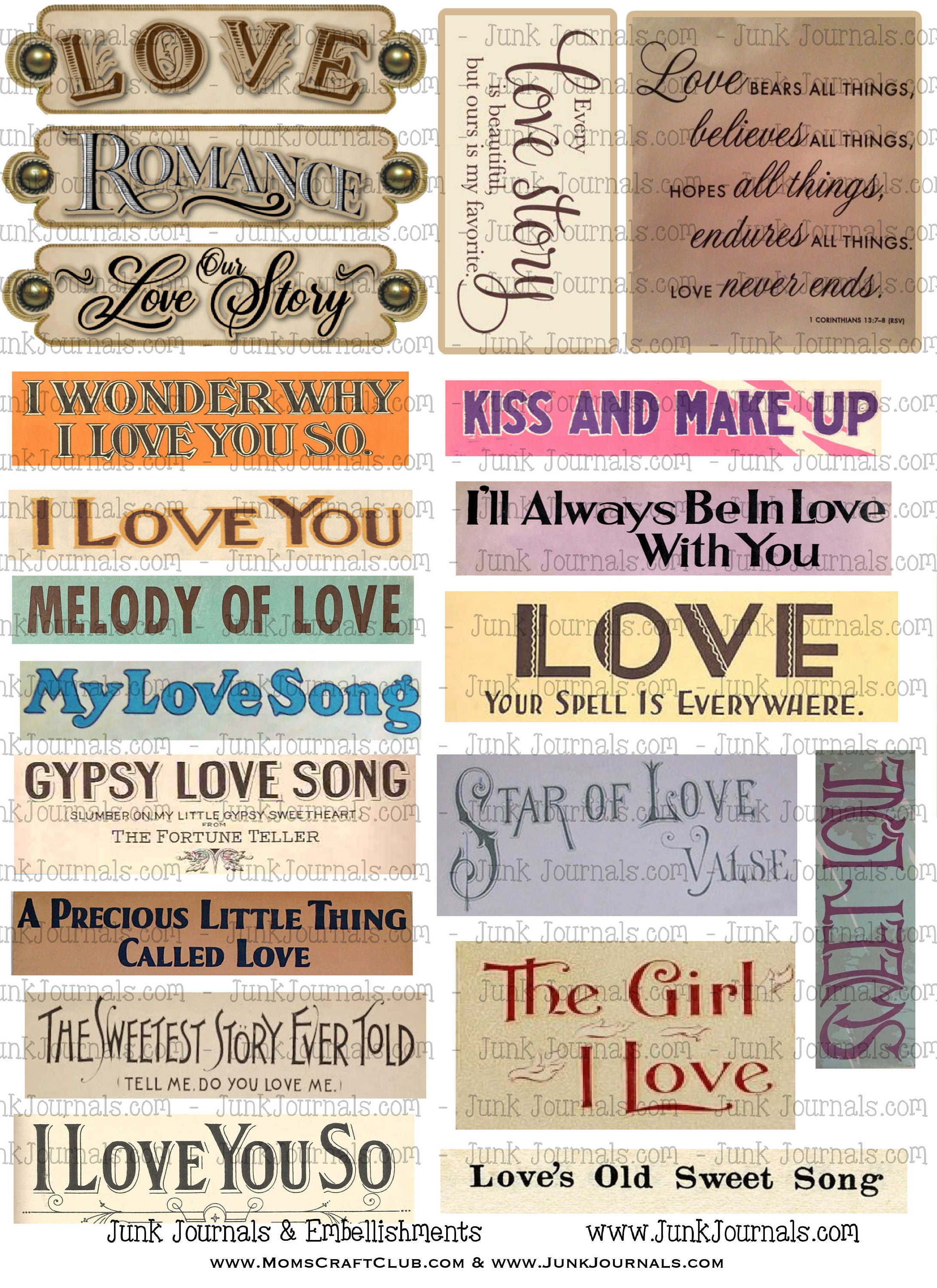 100 LOVE ROMANCE WORDS Printables &amp; Pngs Words Phrases, Ephemera Bundle ...