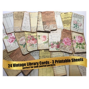 24 TARJETAS DE BIBLIOTECA 3 Conjuntos de efímeras imprimibles vintage Lisos, encajes y rosas antiguas Perfecto para bolsillos de diario basura Descarga digital instantánea