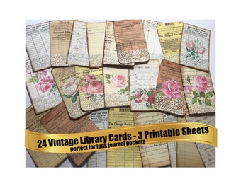 24 LIBRARY CARDS 3 Vintage Printable Ephemera Sets Plain, Lace & Antique Roses Perfect for Junk Journal Pockets Instant Digital Download
