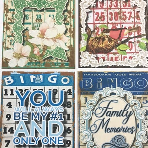 K&ouml;nnte beinhalten: Vier Bingo-Karten im Vintage-Stil mit verschiedenen Designs. Die erste Karte zeigt ein Blumenmuster auf einem rostigen Hintergrund. Die zweite Karte zeigt ein Vogelnest mit einem roten Vogel. Die dritte Karte zeigt den Text "YOU WILL ALWAYS BE MY #1 AND ONLY ONE" in einem blau-wei&szlig;en Farbschema. Die vierte Karte zeigt den Text "Family Memories" in einem blau-wei&szlig;en Farbschema.