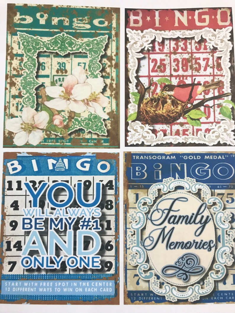 K&ouml;nnte beinhalten: Vier Bingo-Karten im Vintage-Stil mit verschiedenen Designs. Die erste Karte zeigt ein Blumenmuster auf einem rostigen Hintergrund. Die zweite Karte zeigt ein Vogelnest mit einem roten Vogel. Die dritte Karte zeigt den Text "YOU WILL ALWAYS BE MY #1 AND ONLY ONE" in einem blau-wei&szlig;en Farbschema. Die vierte Karte zeigt den Text "Family Memories" in einem blau-wei&szlig;en Farbschema.