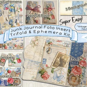 EASY TRIFOLD FOLIO Inserto per diario spazzatura Kit digitale blu vintage Tasche piene Pacchetto di effimeri Shabby chic vittoriano Damasco Tonalità di blu