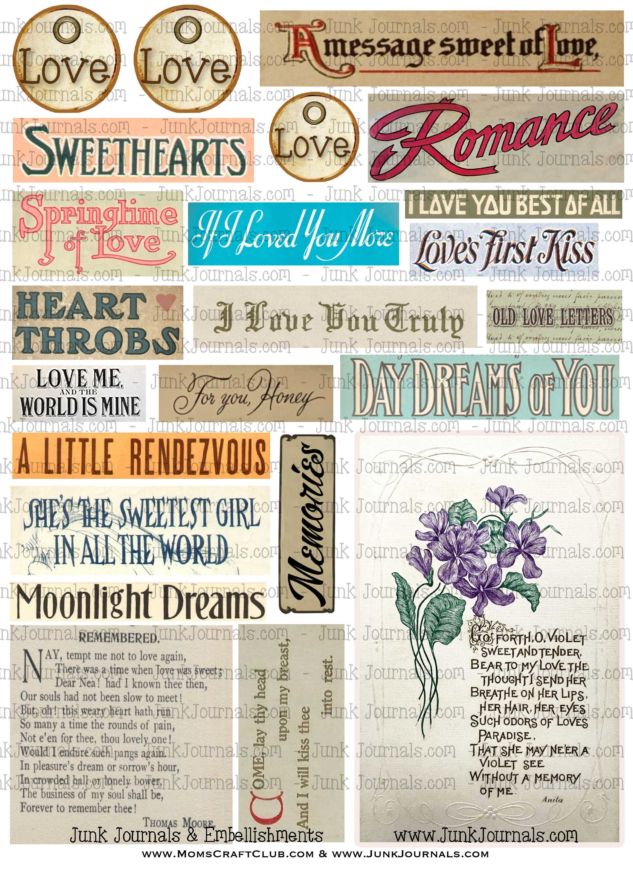 100 LOVE ROMANCE WORDS Printables &amp; Pngs Words Phrases, Ephemera Bundle ...