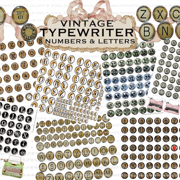 VINTAGE TYPEWRITER KEYS Printable Digital Bundle 7 Pages & 42 Clip Art Keys for Collage Art