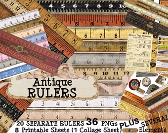 RULERS & TAPE MEASURES Bundle Antique Vintage Tools High Resolution Transparent pngs clip art  Printable Collage sheets jpg Men Junk Journal