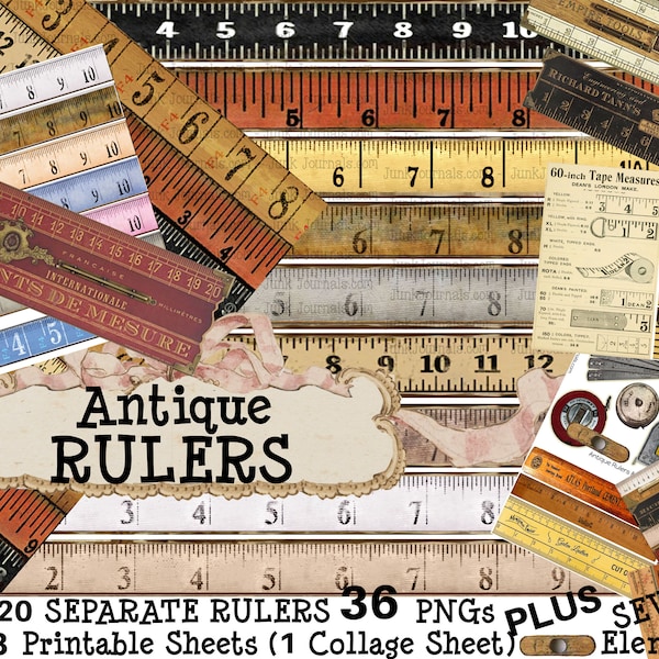 RULERS & TAPE MEASURES Bundle Antique Vintage Tools High Resolution Transparent pngs clip art  Printable Collage sheets jpg Men Junk Journal