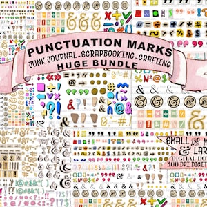 Pode incluir: Um pacote digital de sinais de pontuação e símbolos para artesanato. A imagem mostra uma variedade de tamanhos e estilos, incluindo & comerciais, pontos de interrogação e exclamação, ideal para junk journals e scrapbooking.