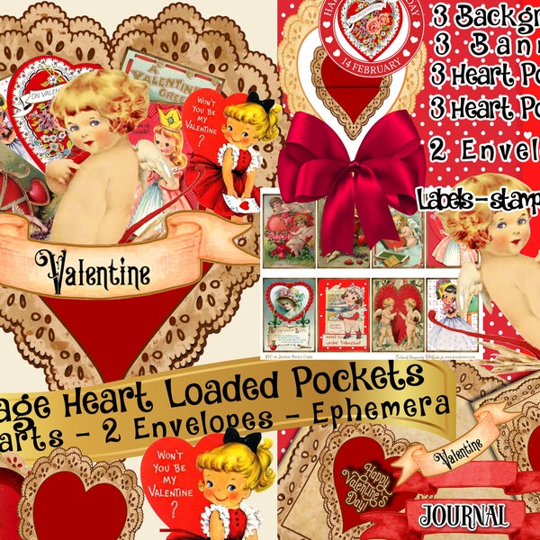 3 LOADED HEART POCKETS Vintage Doily with Envelopes Ephemera Cards Ornaments Adorable Cupid stamps Banners Valentine Bundle