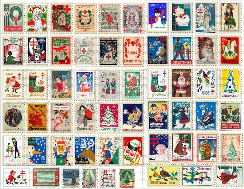 200 Vintage CHRISTMAS STAMPS Bundle .,snowmen, Santa, Retro to Antique ...
