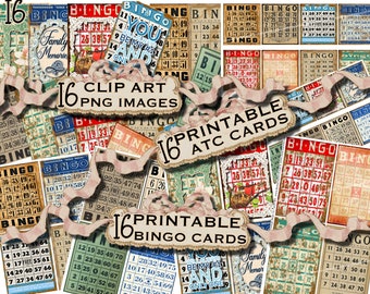 16 Vintage BINGO CARDS Antique Grunge Rusty Old Digital Printables with Clip Art png Images & ATC Cards  Junk Journal Scrapbook Ephemera