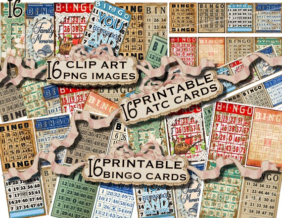 16 Vintage BINGO CARDS Antique Grunge Rusty Old Digital Printables with Clip Art png Images & ATC Cards  Junk Journal Scrapbook Ephemera