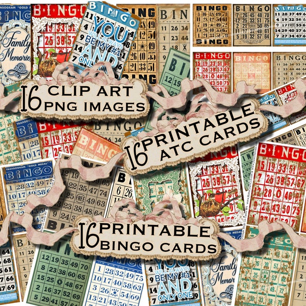 16 Vintage BINGO CARDS Antique Grunge Rusty Old Digital Printables with Clip Art png Images & ATC Cards  Junk Journal Scrapbook Ephemera