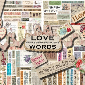 100 PALABRAS DE ROMANCE DE AMOR Imprimibles y PNG Frases de palabras, Citas de hojas de collage de paquetes efímeros, San Valentín, Poemas, Tarjetas vintage