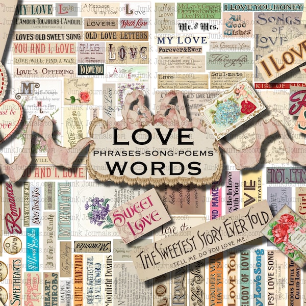 100 LOVE ROMANCE WORDS Printables & PNGs Words Phrases, Ephemera Bundle Collage sheet  Quotes, Valentines, Poems, Vintage Cards