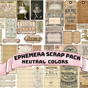 NEUTRALS EPHEMERA SCRAP Pack Vecchie etichette stampabili (in jpg), abbellimenti per diari spazzatura, biglietti, numeri, tipografia digitale, download