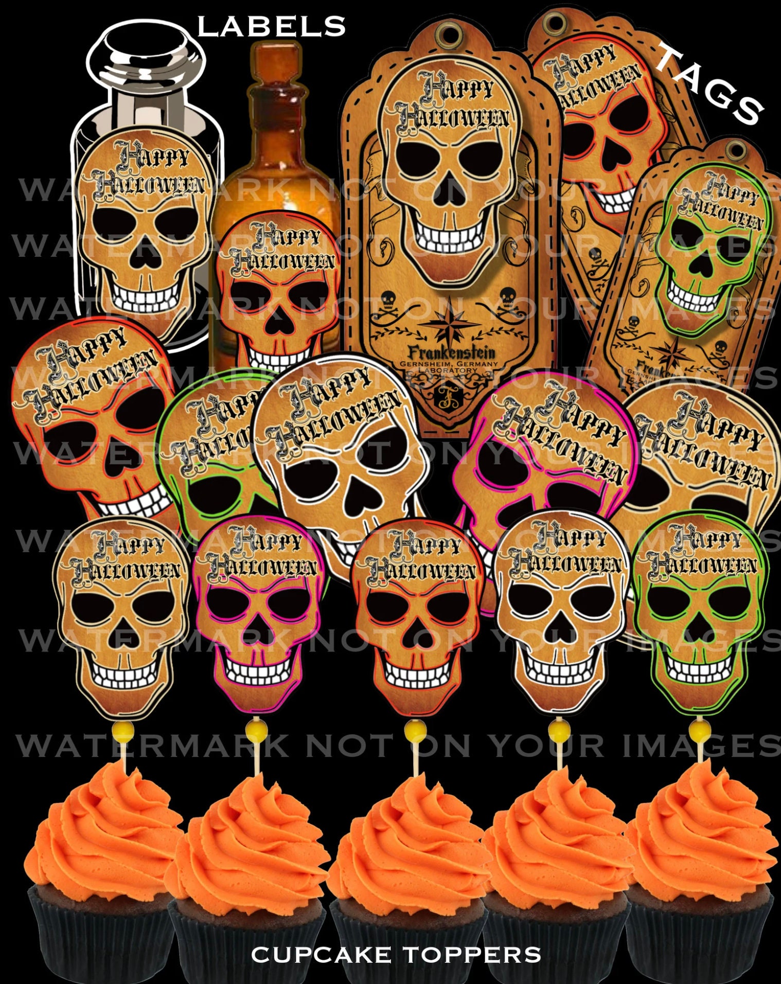 179 HALLOWEEN SKULLS PRINTABLE & Clip Art Images Leather Look Tags ...