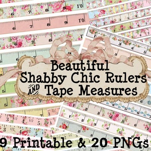 May include: Digital collage of printable rulers and tape measures with a shabby chic aesthetic. The rulers feature floral patterns in pink, blue, and green. The image includes the text "Beautiful Shabby Chic Rulers AND Tape Measures" and "49 Printable & 20 PNGs."