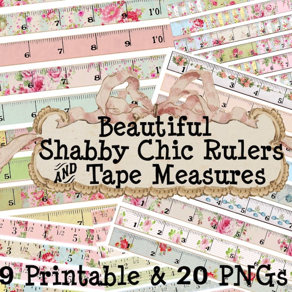 49 SHABBYCHIC BEAUTIFUL RULERS & Tape Measures Printable Collage Sheets 16 png Clip Art Images Roses Junk Journal embellishments Vintage