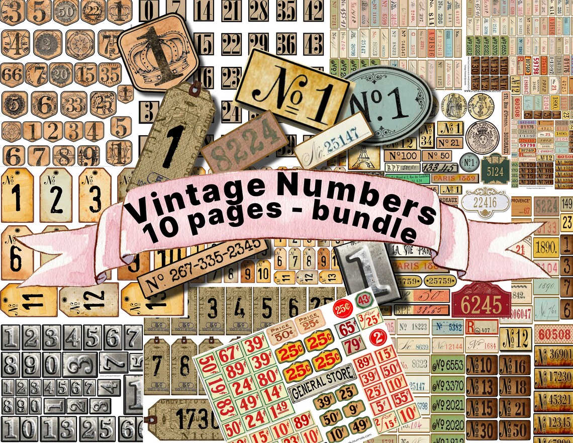 VINTAGE NUMBERS BUNDLE Printable, Digital, Stamped, Metal, Postal