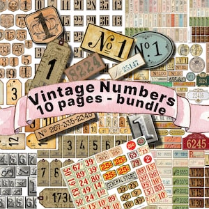 VINTAGE NUMBERS BUNDLE Printable, Digital, Stamped, Metall, Post, Lebensmittelgeschäft, antike Ephemera. Grunge, Etiketten, Tags, Junk Journal, Scrapbook