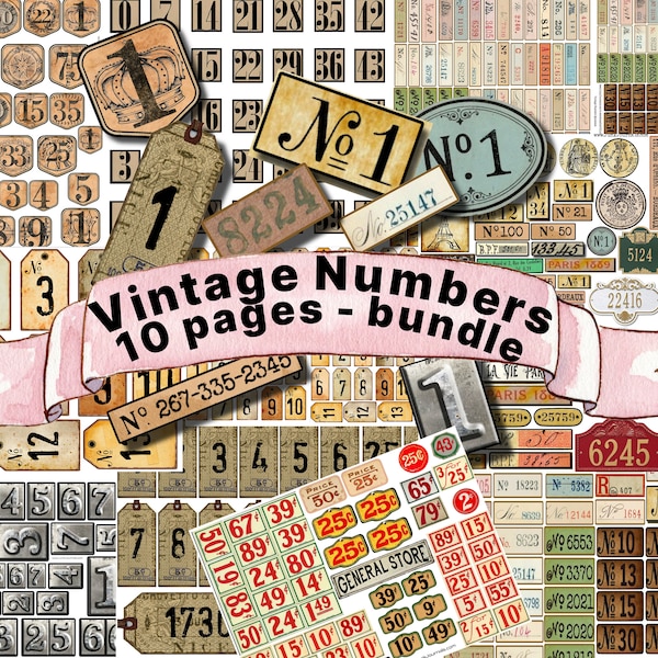 VINTAGE NUMBERS BUNDLE  Printable, Digital, Stamped, Metal, Postal, Grocery, Antique Ephemera. Grunge, Labels, Tags, Junk Journal, Scrapbook