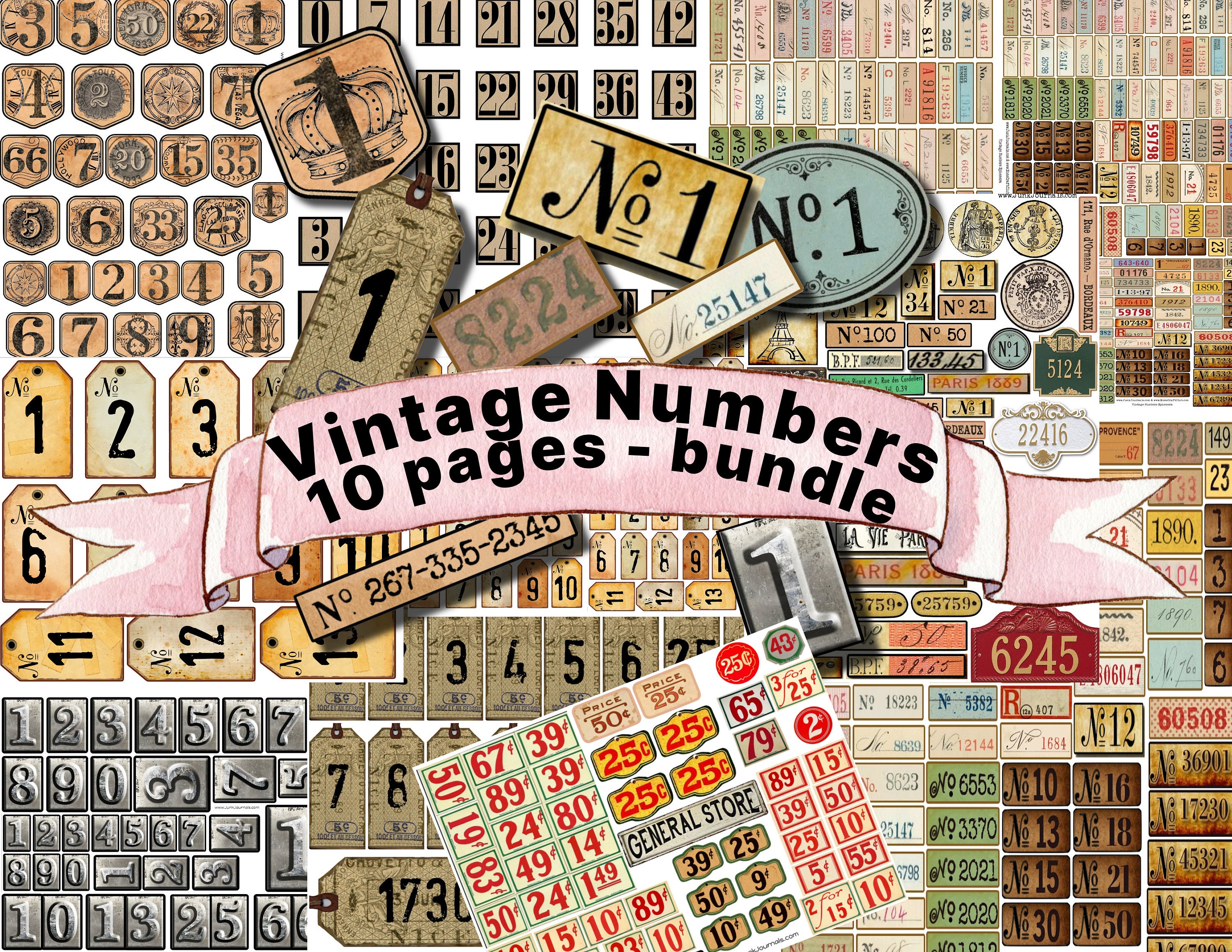 VINTAGE NUMBERS BUNDLE  Printable, Digital, Stamped, Metal, Postal, Grocery, Antique Ephemera. Grunge, Labels, Tags, Junk Journal, Scrapbook