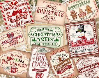 CHRISTMAS BAKERY LABELS Vintage Signs Frosty, Hot Cocoa, Hot Chocolate, Merry Christmas, Gingerbread, Junk Journal Holiday Labels Printable