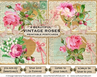 VINTAGE PINK ROSES Lace with rosebuds Beautiful Shabby Chic Romantic Postcards Printable Ephemera for Junk Journals Scrapbooks & Crafts